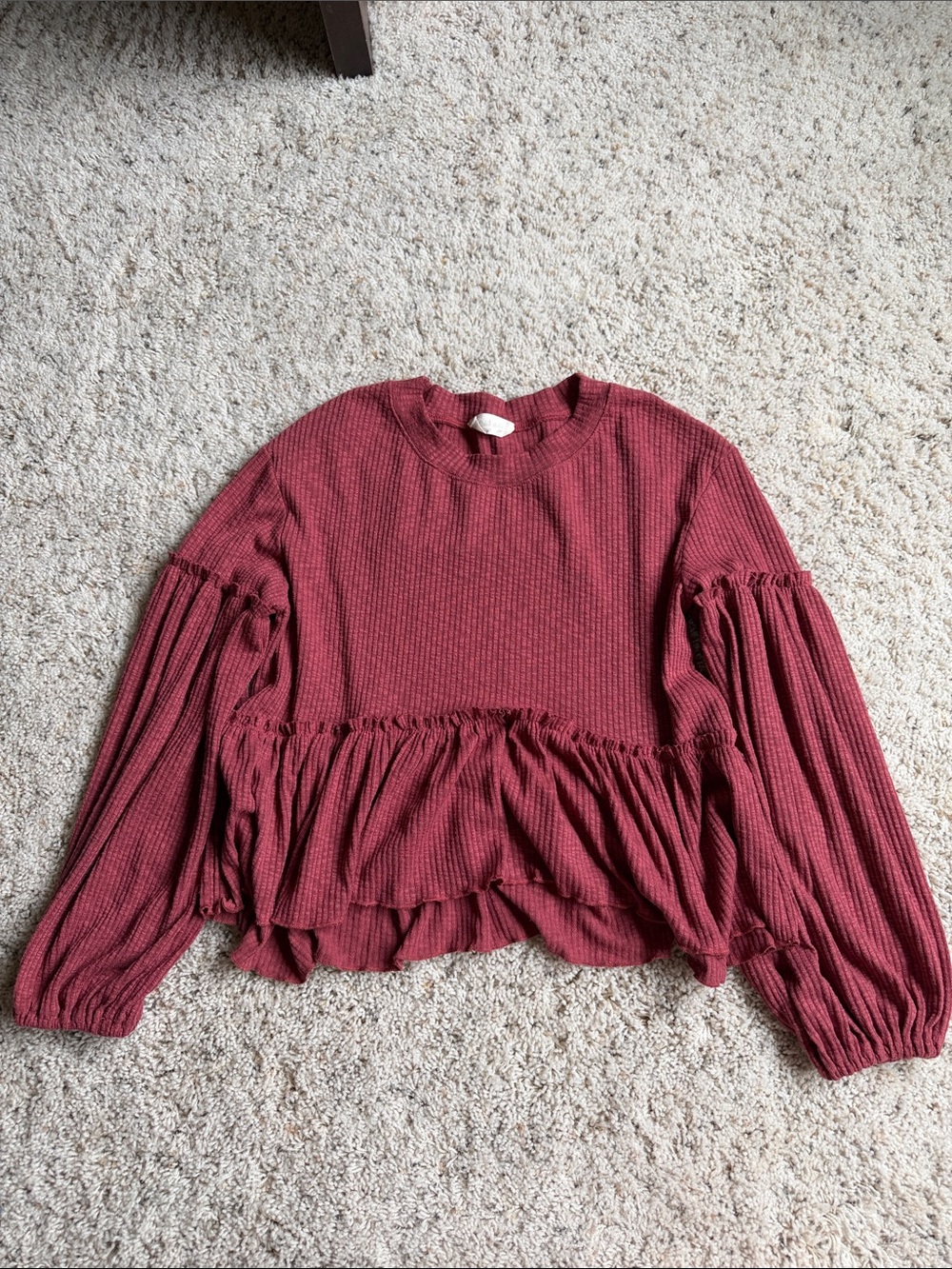 Altar'd State Waffle Knit Ruffle Peplum Top - Brick Red